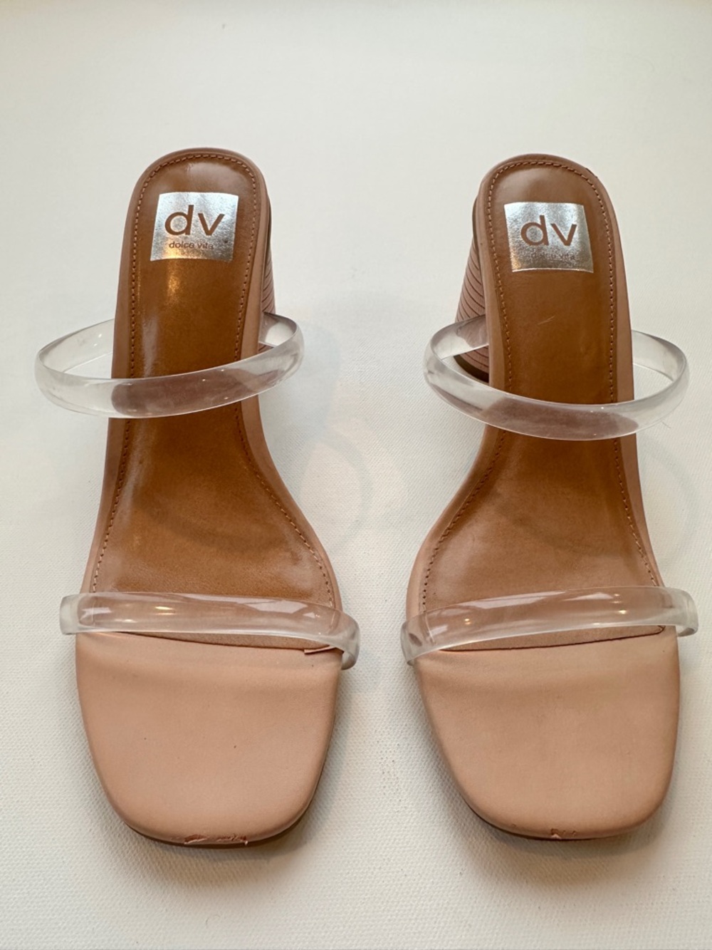 dv by Dolce Vita Merrick Nude Clear-Strap Tan Blush Block Heel Sandals Size 8